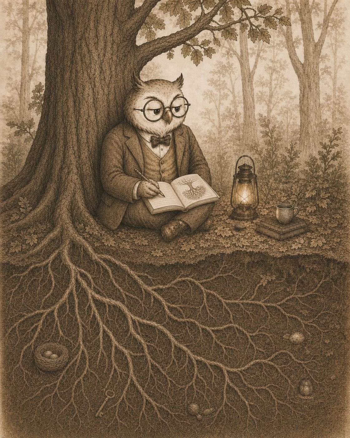 Dr Hibou observe les racines d'un arbre dans sa forêt intérieure