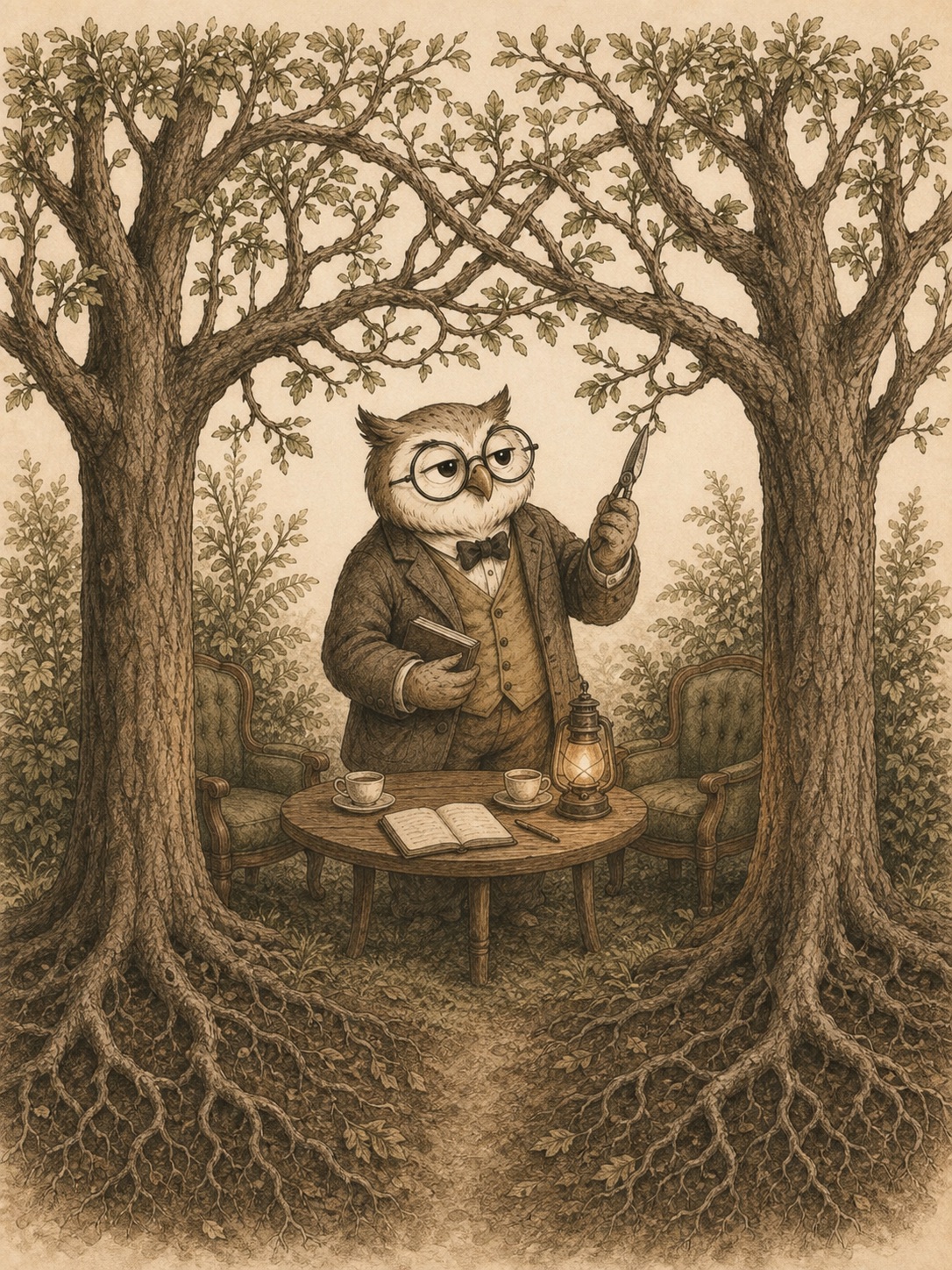 Dr Hibou entre deux arbres aux branches mêlées et aux racines distinctes