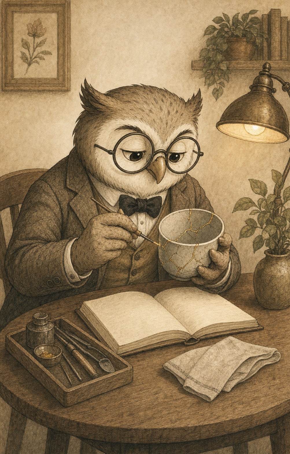 Dr Hibou répare une tasse fissurée avec attention
